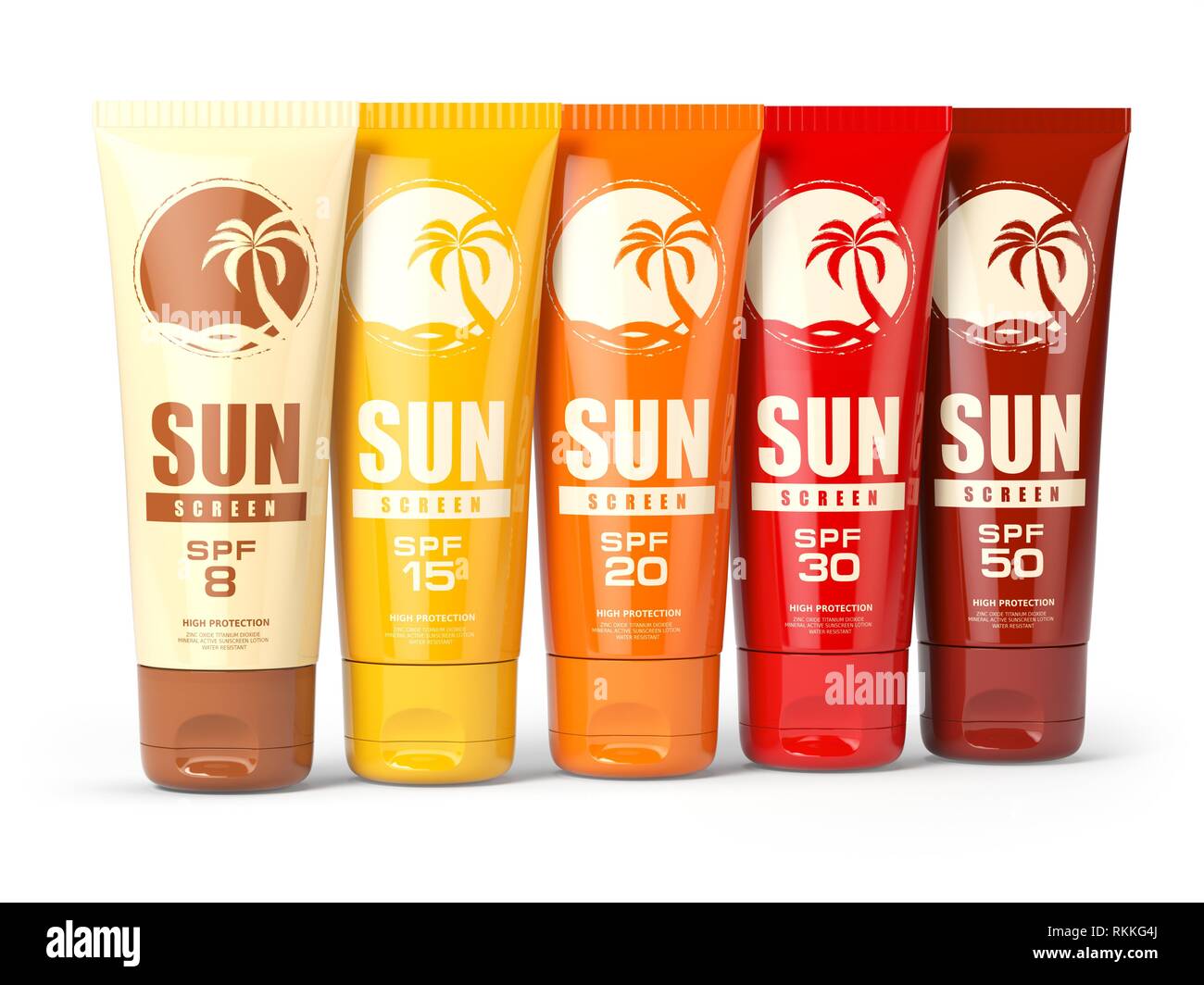 Row ofSun screen cream, oil and lotion containers with different spf