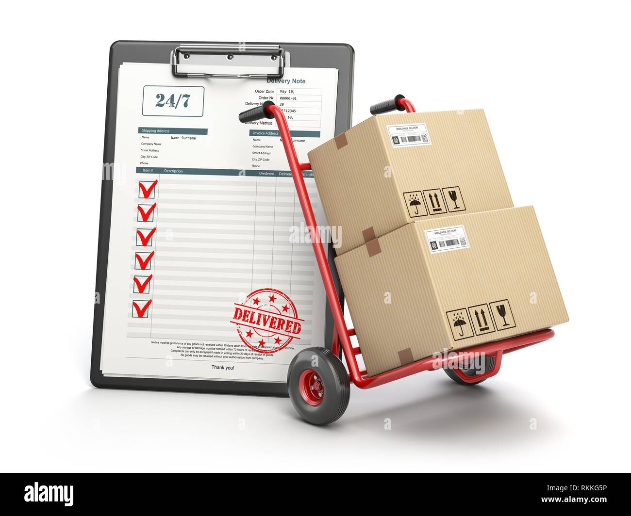 Fast delivery, goods delivery, hand truck, moving box, package