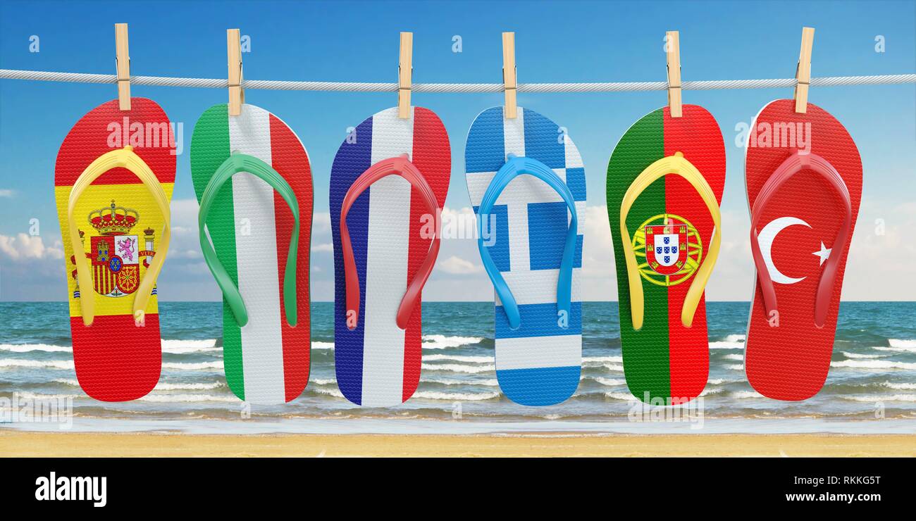 Hanging Flip Flops In Colors Of Flags Of Different Mediterranean European Countries Spain Italy France Portugal Greece And Turkey Travel And Stock Photo Alamy