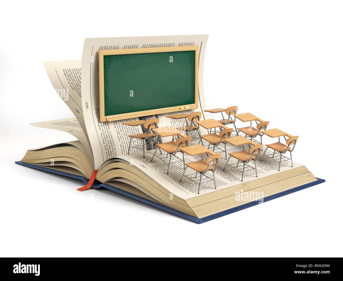 Open book and a classroom with blackboard and school desks isolated on  white background. Education concept. 3d illustration Stock Photo - Alamy