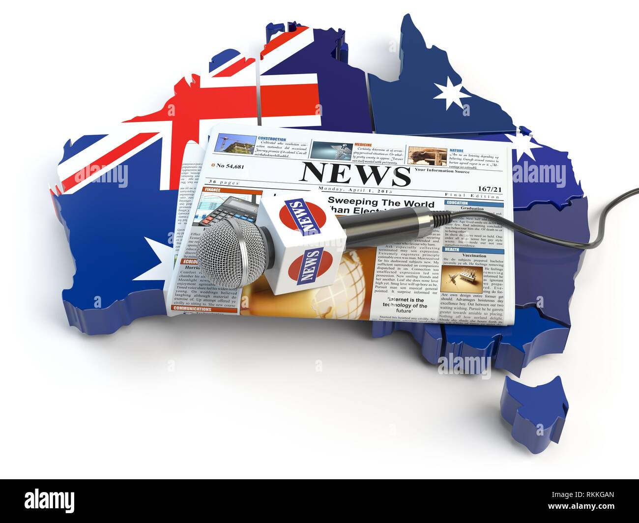 Australian news, press and journalism concept. Microphone and newspaper on  the map in colors of the flag of Australia. 3d illustration Stock Photo -  Alamy