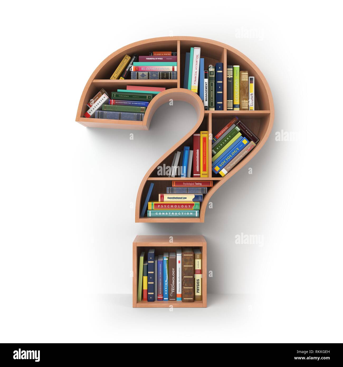 Question mark as bookshelf with books. Search and education concept. 3d