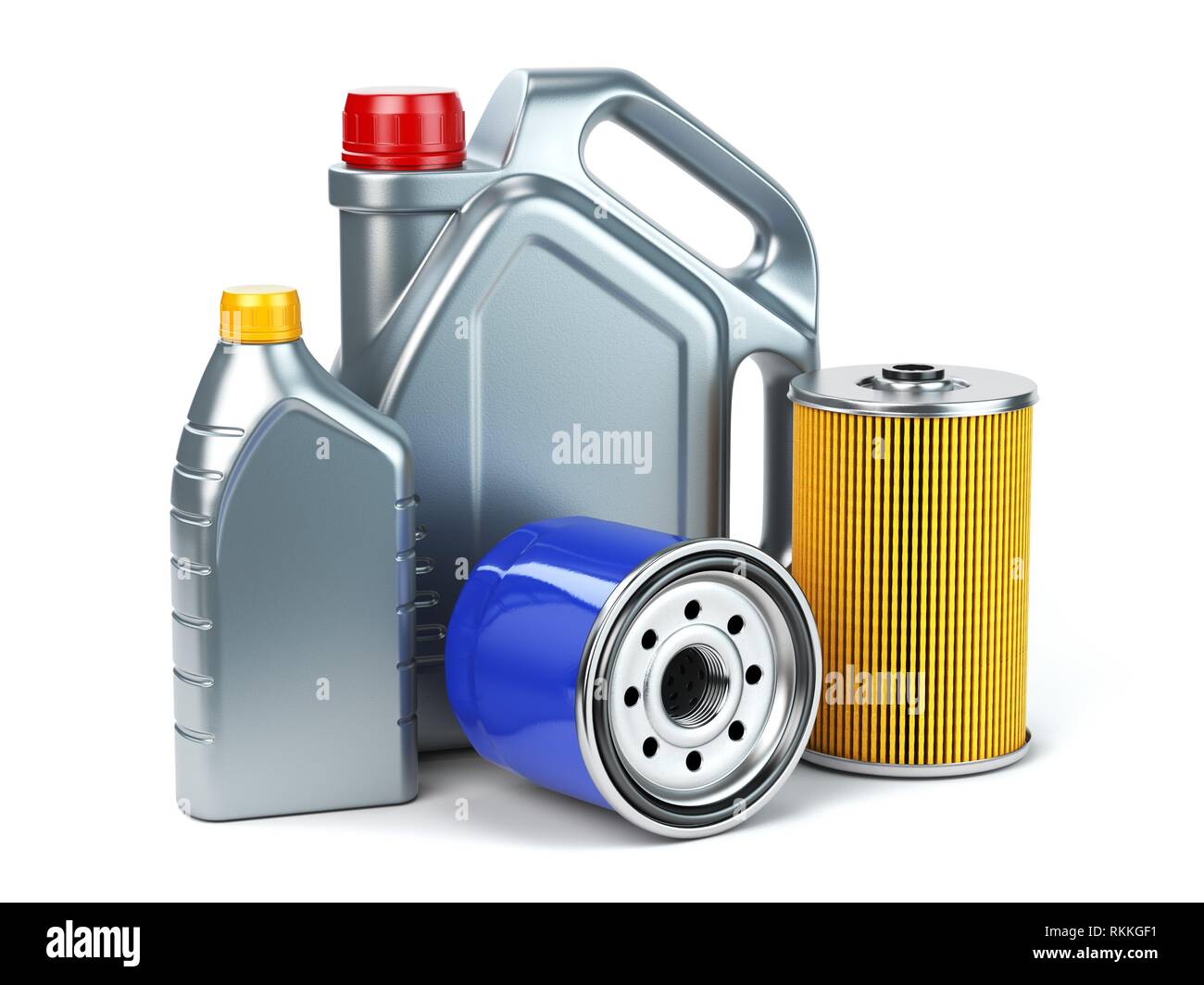 Car oil filter and motor oil canisters isolated on white background