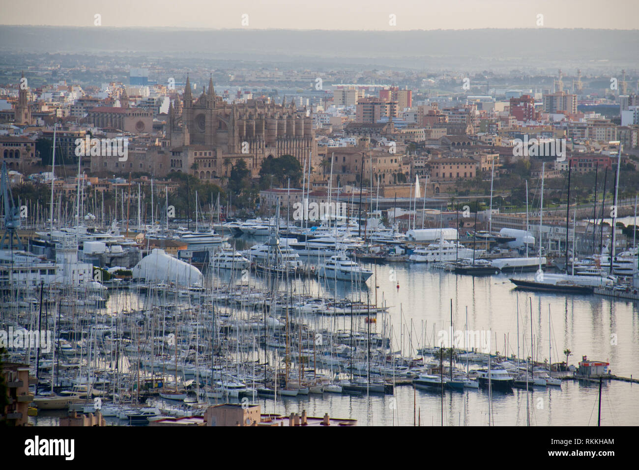 The city Palma de Mallorca with port and Majorca Cathedral from a birds eye view. Panoramic view from the top, winter morning Stock Photo