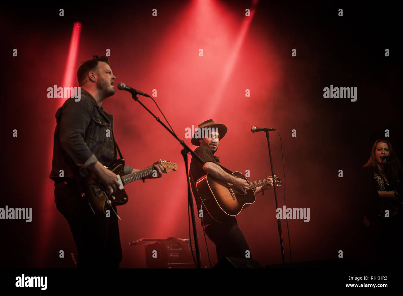 The American band The Lone Bellow performs a live concert at the Danish music festival Jelling Festival 2016. Here singer and musician Zach Williams is seen live on stage with guitarist Brian Elmquist. Denmark, 28/05 2016. EXCLUDING DENMARK. Stock Photo