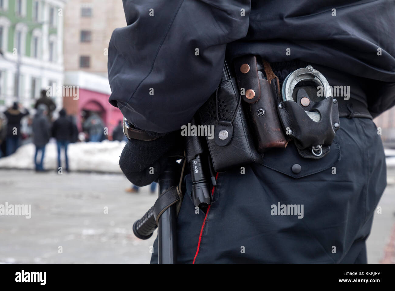 Outfit of the Moscow police officer patrols street during a rally, Russia Stock Photo