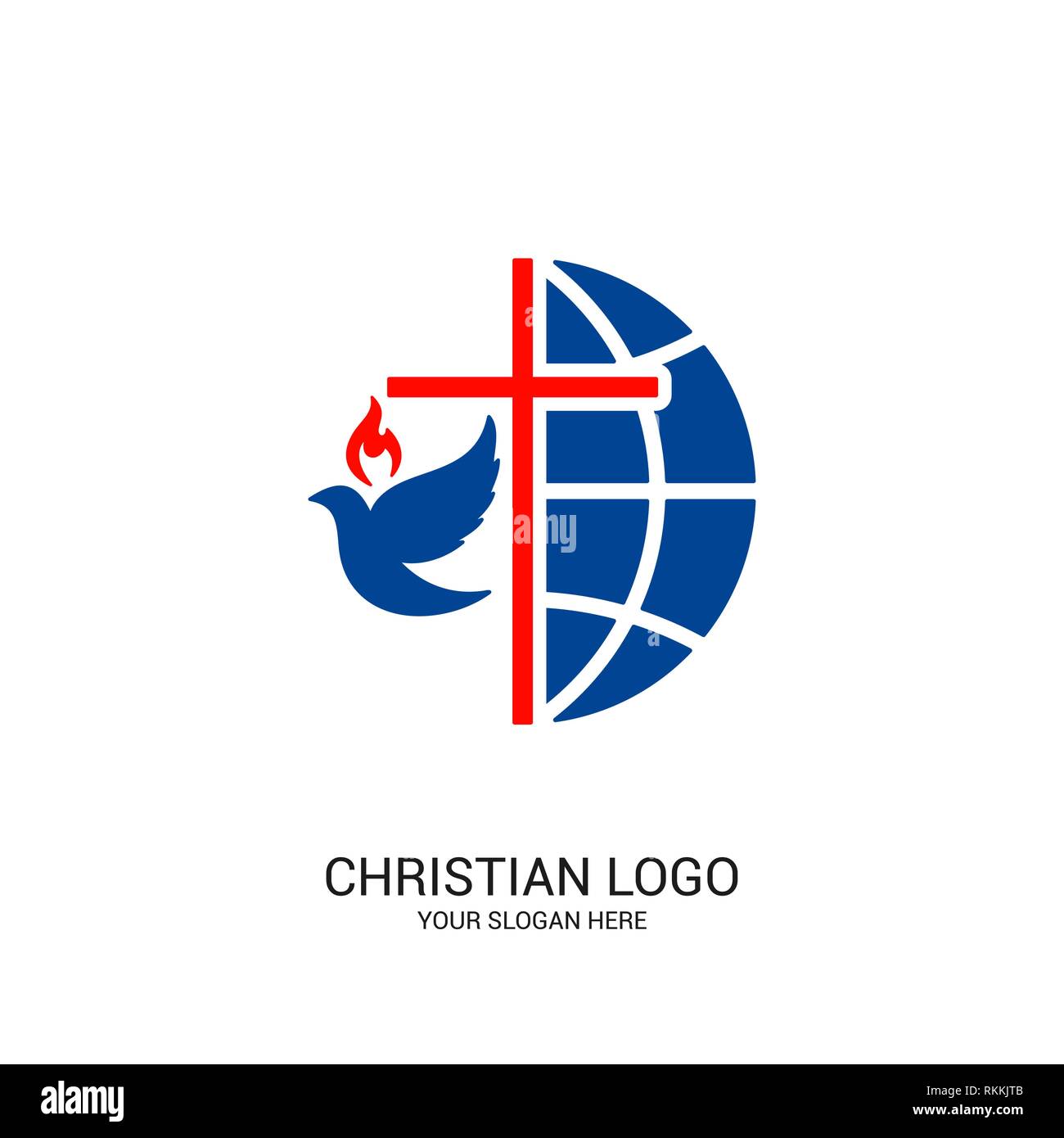 Christian church logo. Bible symbols. The globe, the cross of Jesus Christ and the dove Stock