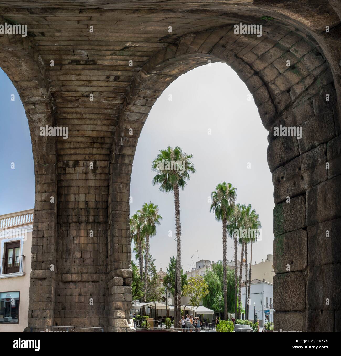 Roman Arch of Trajan, monumental access gateway to ancient Emerita Augusta, Merida, Spain. Panoramic. Stock Photo