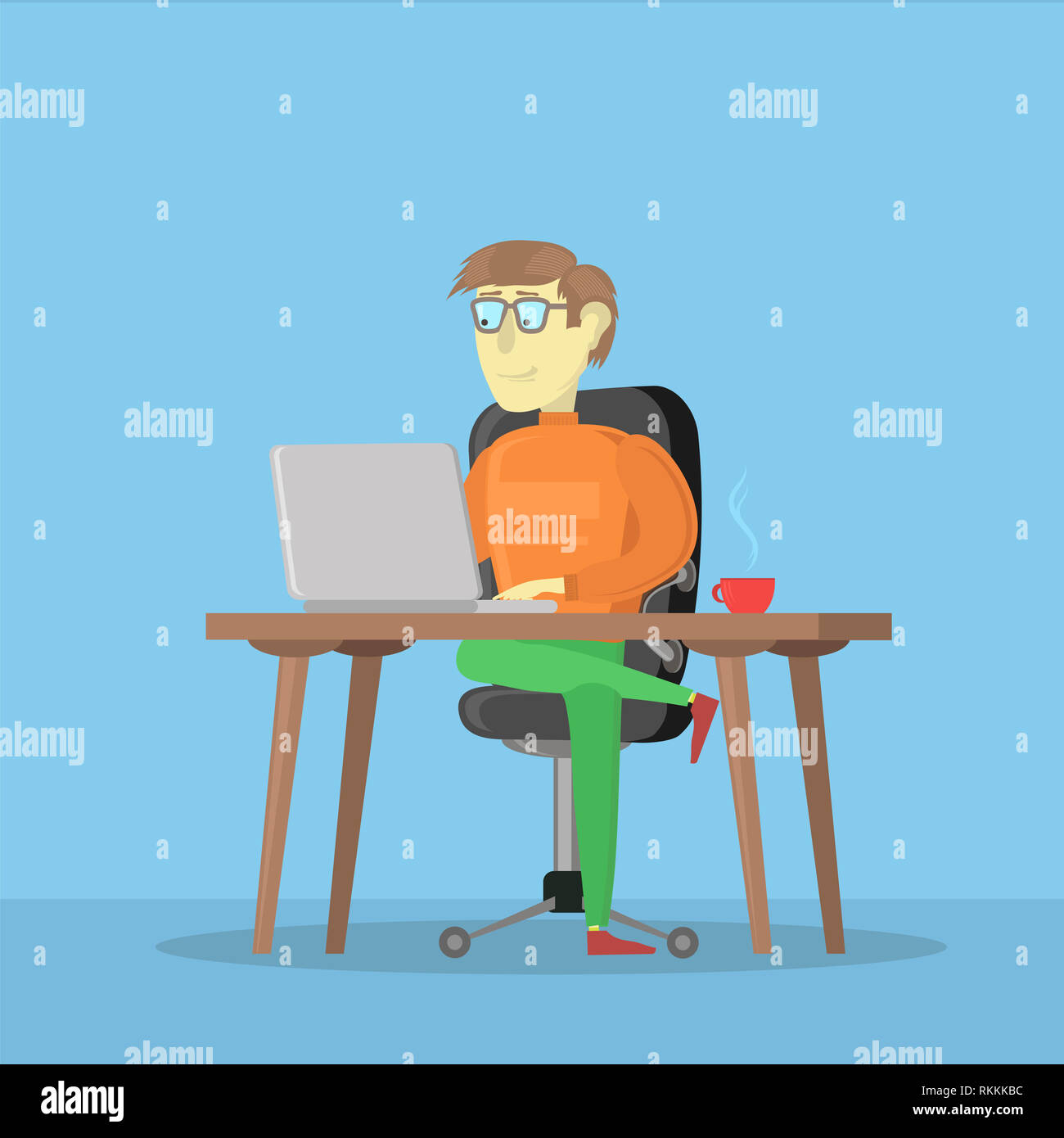 Man Working on a Laptop Computer. Male Business Cartoon Character. Freelancer and His Work Process Icon. Freelance Job. Stock Photo