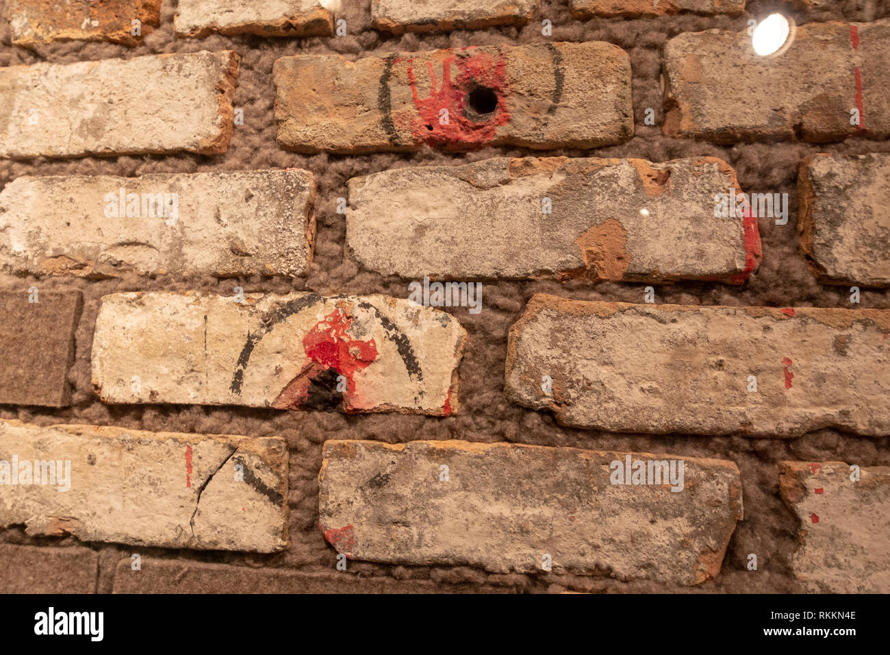 The Valentines Day Massacre Wall (from S-M-C Cartage Company warehouse at 2122 North Clark St, Chicago) on display in the Mob Museum, Las Vegas, Stock Photo
