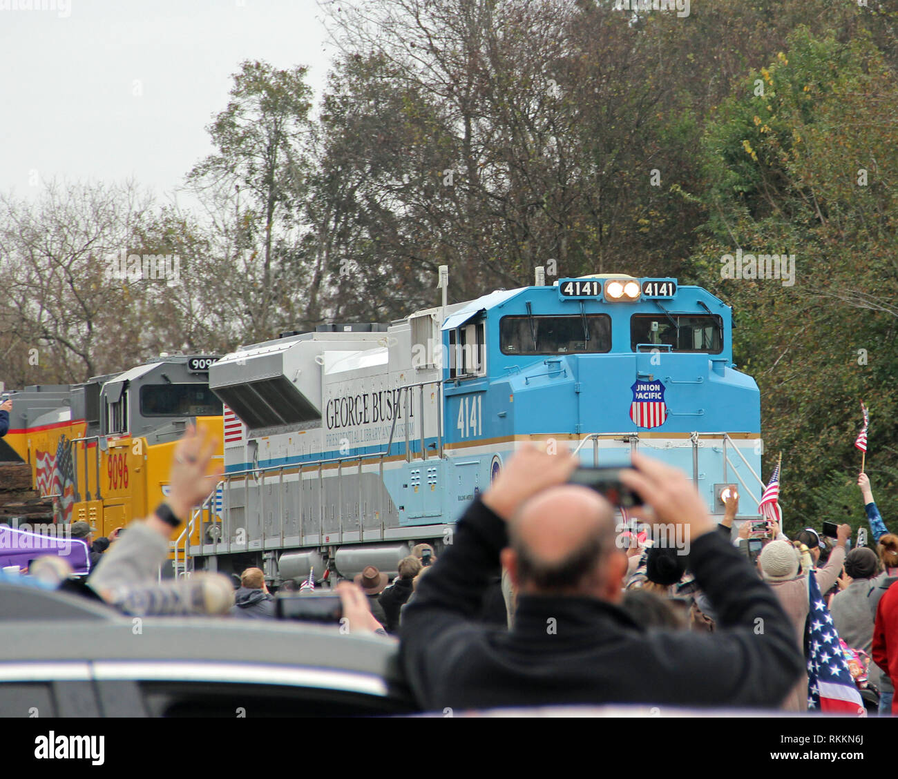 Former President George H.W. Bush funeral train passes through Tomball, Texas on its route to his presidential library at College Station. Stock Photo