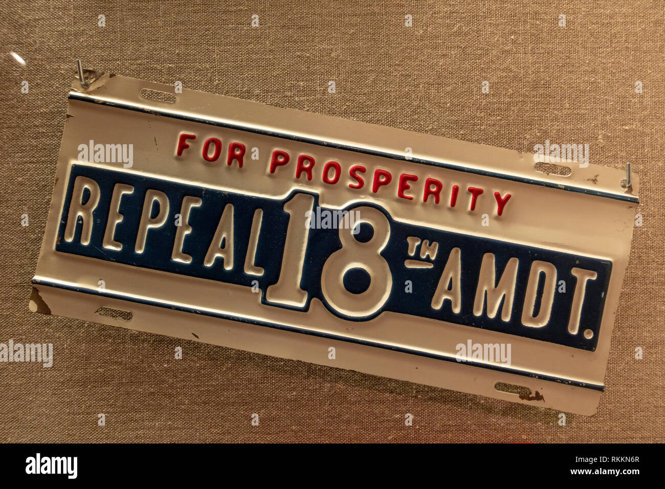 A license plate calling for repeal of 18th Amendment, The Mob Museum, Las Vegas (City of Las Vegas), Nevada, United States. Stock Photo
