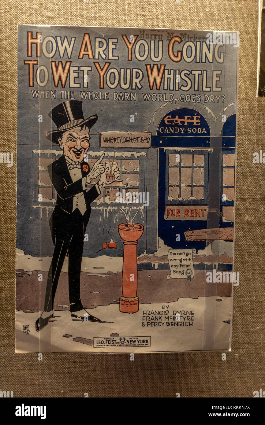 Anti-Prohibition sheet music, The Mob Museum, Las Vegas (City of Las Vegas), Nevada, United States. Stock Photo
