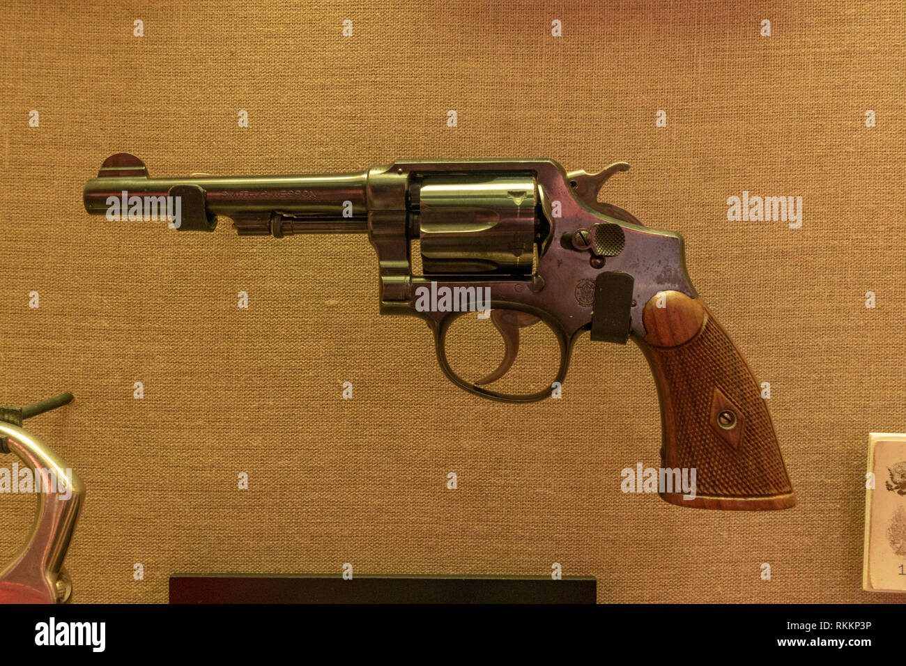 A .38 Smith & Wesson Special revolver from 1913 owned by Mike Malone, The Mob Museum, Las Vegas (City of Las Vegas), Nevada, United States. Stock Photo