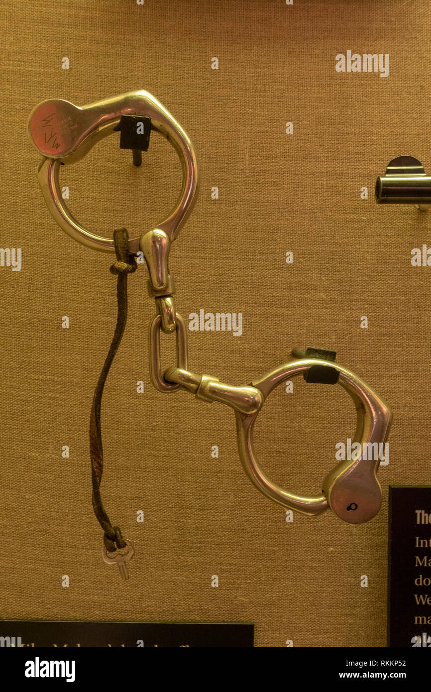 Handcuffs belonging to Prohibition agent Mike Malone, The Mob Museum, Las Vegas (City of Las Vegas), Nevada, United States. Stock Photo
