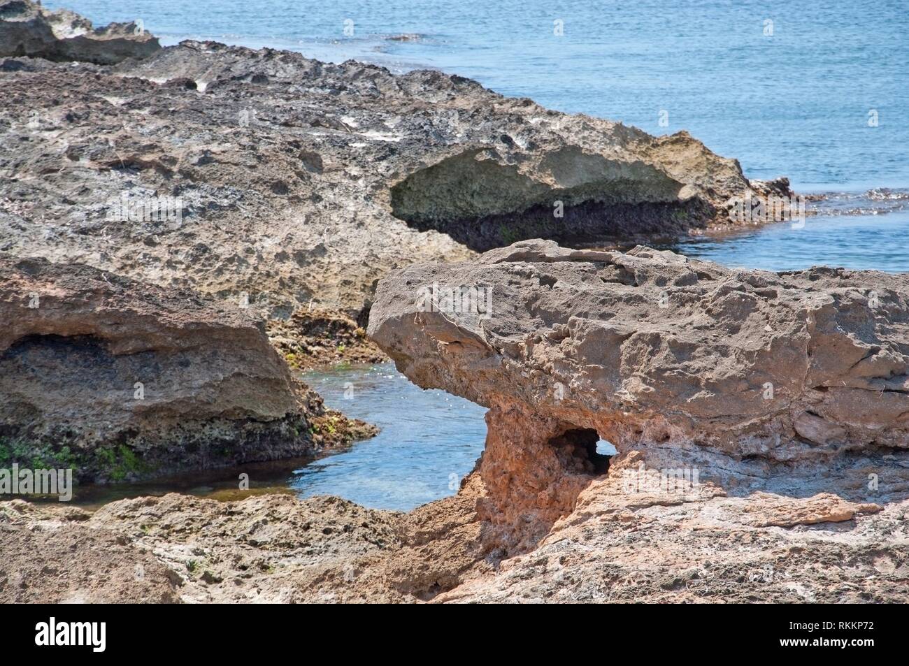Natural coastal summer landscape rock bridge and crystal blue ocean. Mallorca, Spain. Stock Photo