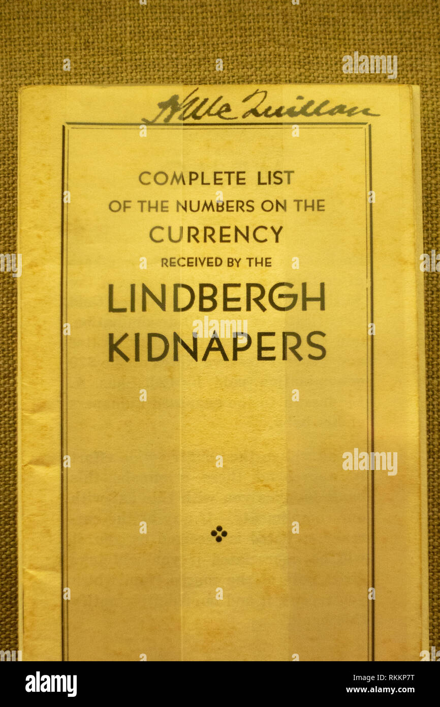 Lindbergh ransom pamphlet from the Charleston National Bank, The Mob Museum, Las Vegas (City of Las Vegas), Nevada, United States. Stock Photo