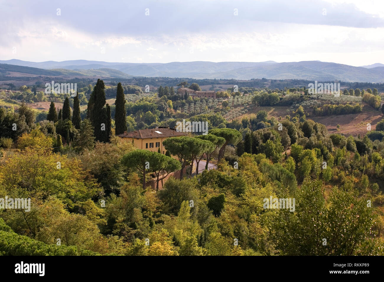 The view across the Tuscan countryside from the Piazzale Marcello Biringucci, Siena, Tuscany, Italy Stock Photo