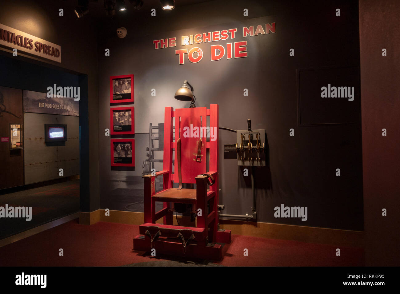 Replica of the electric chair at Sing Sing (New Yorks Ossinging prison), The Mob Museum, Las Vegas (City of Las Vegas), Nevada, United States. Stock Photo