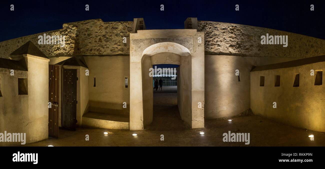Fort of San Cristobal, fortified door, Badajoz, Spain. Night shot. Stock Photo