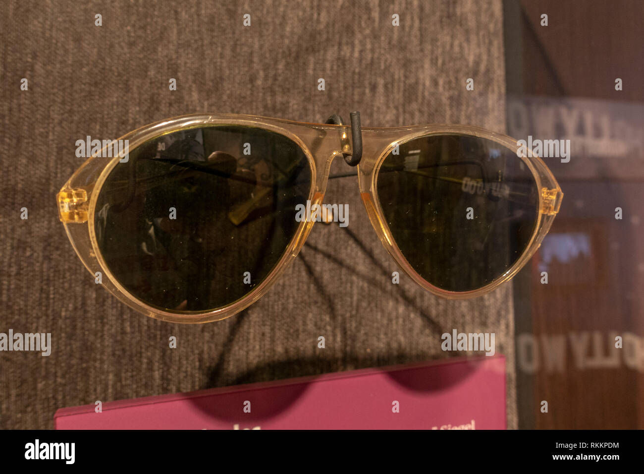 Sunglasses owned by Benjamin 'Bugsy' Siegel (found at George Raft's house), The Mob Museum, Las Vegas (City of Las Vegas), Nevada, United States. Stock Photo