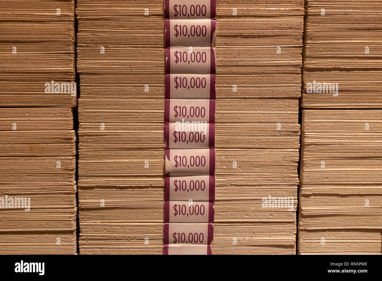 Stacks of (fake) US $100 bills in $10,000 bundles, The Mob Museum, Las Vegas (City of Las Vegas), Nevada, United States. Stock Photo