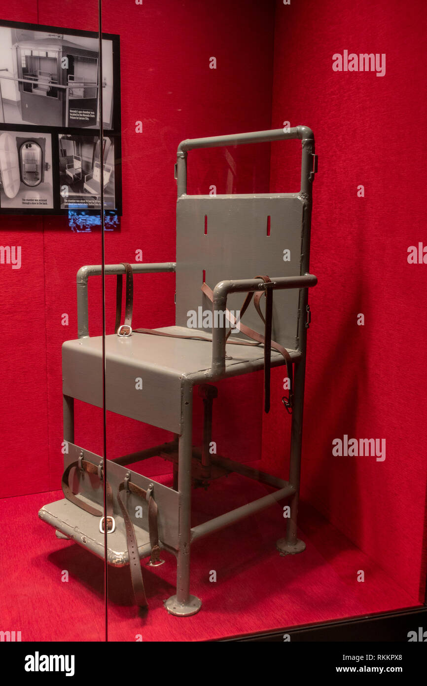 Gas Chamber chair from Carson City The Mob Museum, Las Vegas (City of Las Vegas), Nevada, United States. Stock Photo
