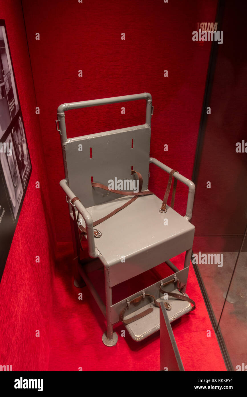 Gas Chamber chair from Carson City The Mob Museum, Las Vegas (City of Las Vegas), Nevada, United States. Stock Photo