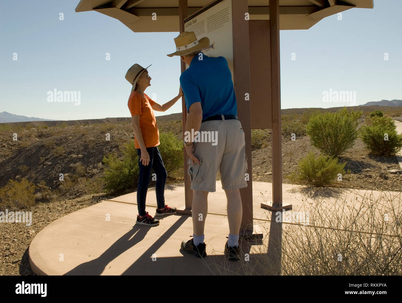 Caucasian Senior Couple (age 60-70) reading information board at Lake Mead Recreation Area, Nevada, USA. Stock Photo