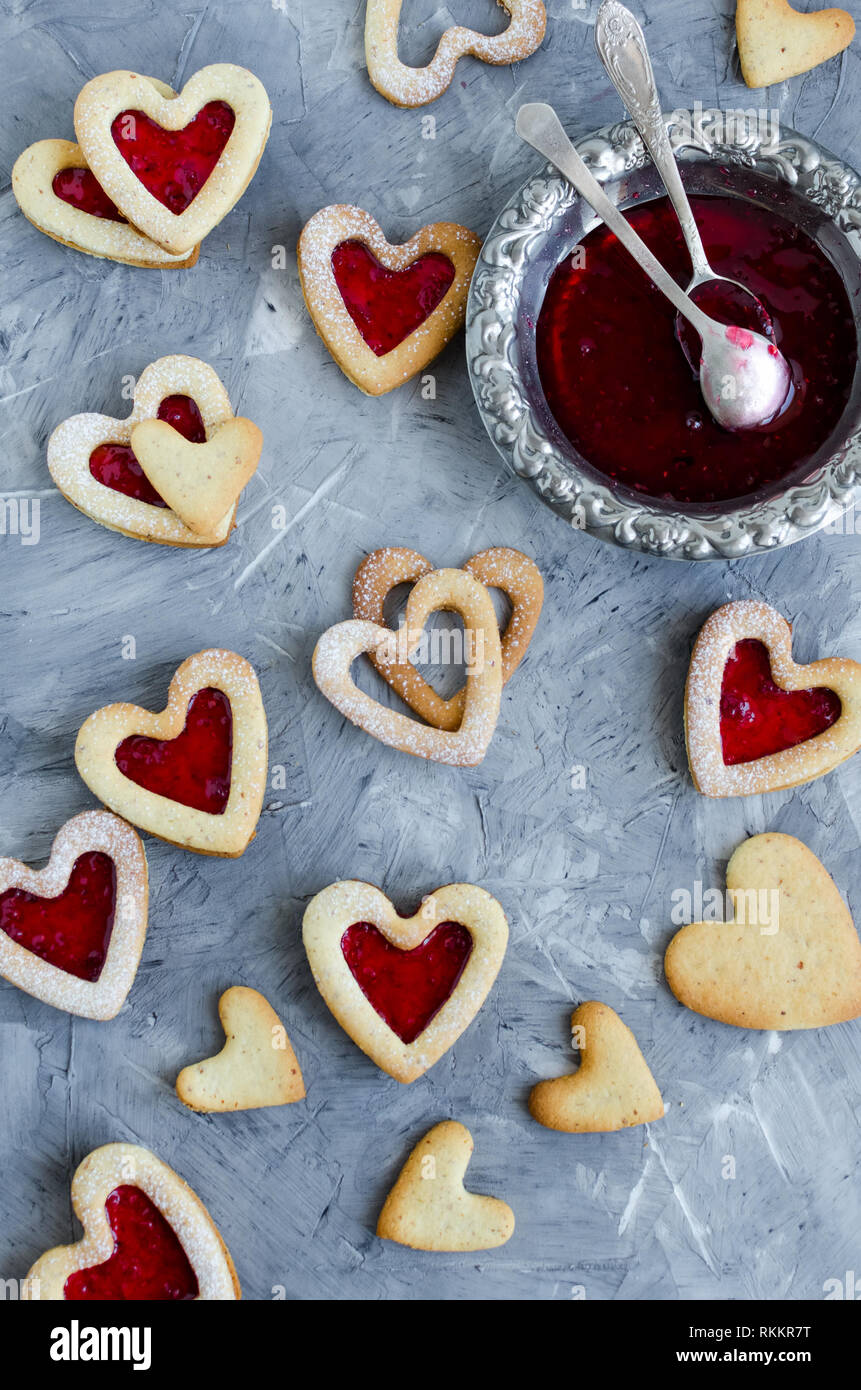 Heart shaped Linzer cookies with jam for Valentine's day. Delicious