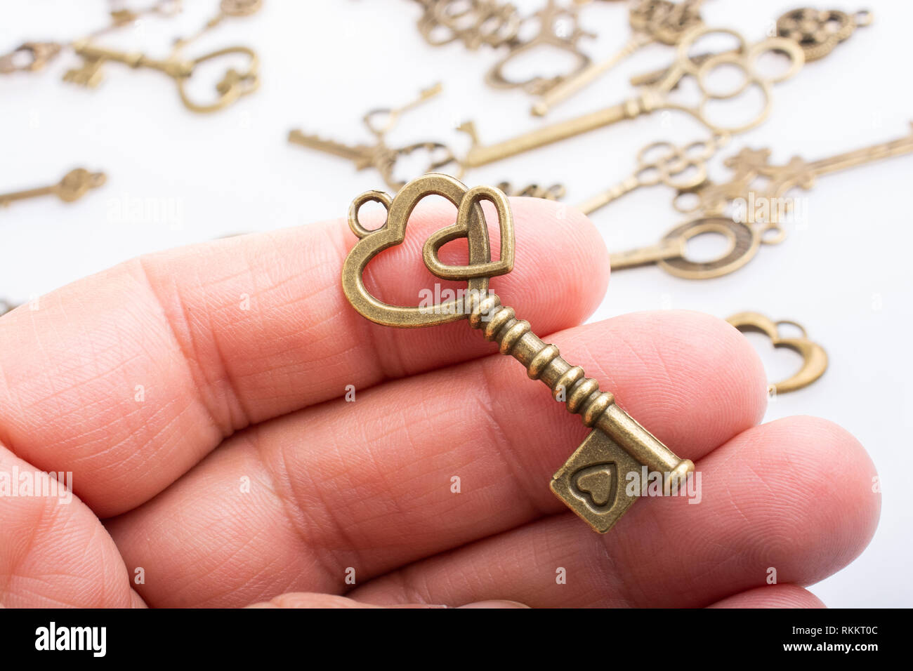 Hand and retro style metal keys on a white background Stock Photo Alamy