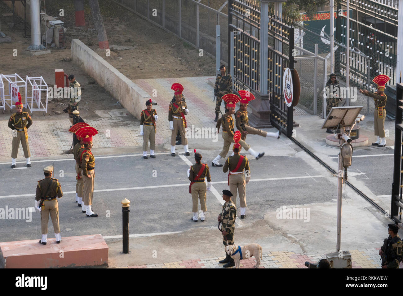 Indian soldiers perform in daily retreat ceremony at Wagah border in Punjab, India Stock Photo