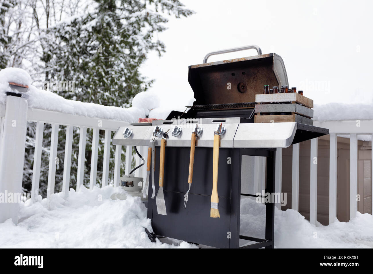 Barbecue cooker with beer and beef meat ready for use in winter time Stock Photo