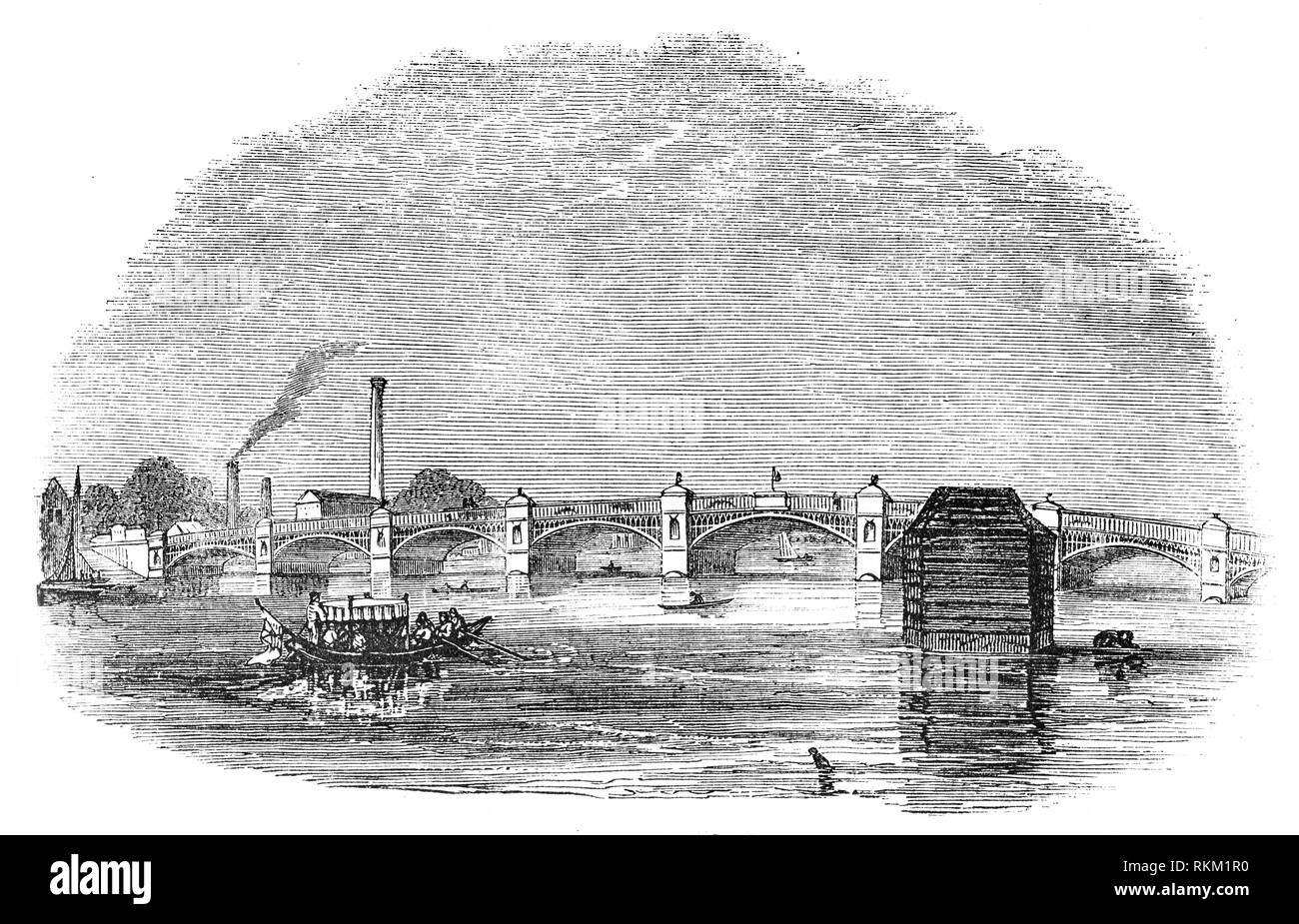 The Old Vauxhall Bridge crossed the River Thames between Vauxhall on the south bank and Pimlico on the north bank. Built on the site of a former ferry it was built between 1809 and 1816.  John Rennie was commissioned to design and build a new stone bridge, but following financial difficulties submitted a new design for an iron bridge, a plan that was rejected. Construction began on an iron bridge designed by Samuel Bentham, but his design was abandoned for the second time until James Walker, a Scottish civil engineer, was appointed to design and build the first iron bridge across the Thames. Stock Photo