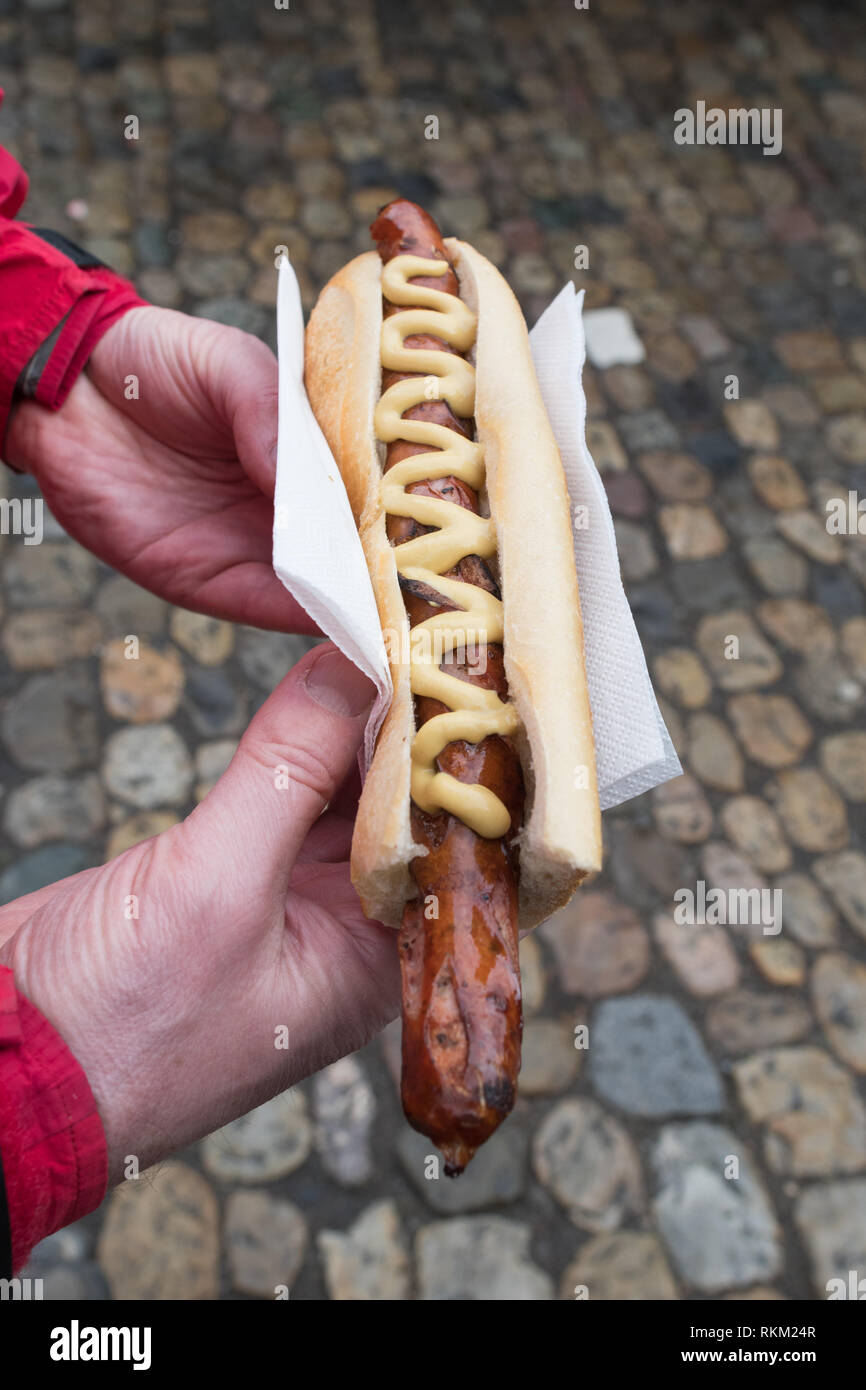 Freiburg  Lange Rote (long red) sausage with mustard - Freiburg im Breisgau, Baden Wurttemberg, Germany Stock Photo