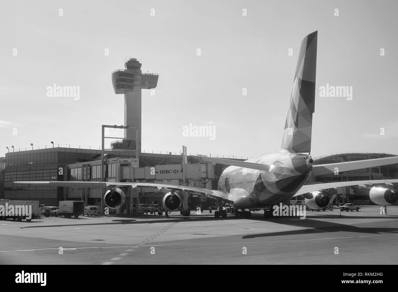 NEW YORK - MARCH 22, 2016: passenger jet airplane docked at JFK Airport. John F. Kennedy International Airport is a major international airport locate Stock Photo