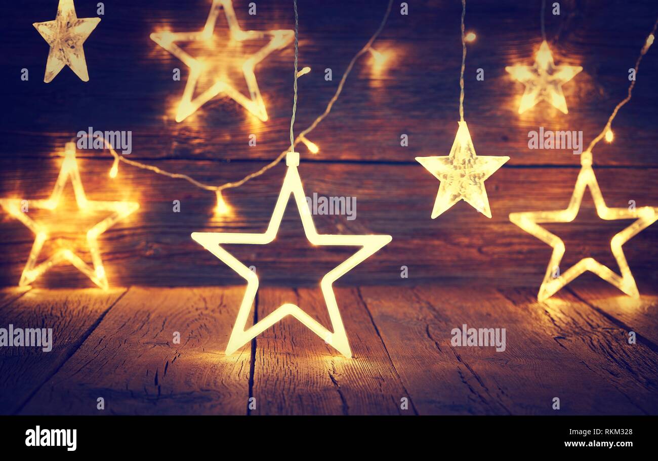 Christmas Light Stars Vintage Rustic Wooden Background Decoration