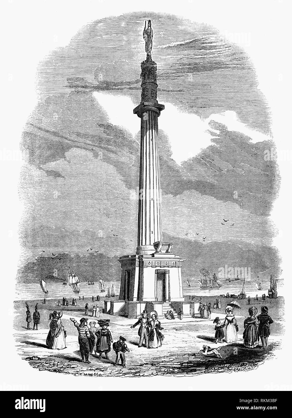 The Nelson's Monument, correctly called the Norfolk Naval Pillar, is in the style of a Doric column and built in memorial to Admiral Horatio Nelson, situated on the Denes, Great Yarmouth in the county of Norfolk, England. Designed by architect William Wilkins, it was raised in the period 1817–19 from money raised by a committee of local magnates. The first custodian of the monument was former Able Seaman James Sharman, a member of the crew of HMS Victory from Norfolk and one of those who carried Nelson below decks after he was shot. Stock Photo