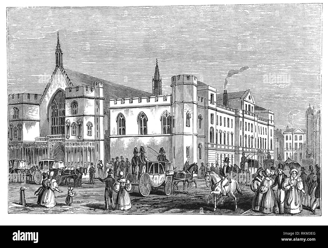 The old House of Commons and House of Lords. Commonly known as the Houses of Parliament after its occupants, the Palace lies on the north bank of the River Thames in the City of Westminster, in central London, England.  On 16 October 1834, a fire broke out and both Houses of Parliament were destroyed. In 1840 the foundation stone was laid of a a new parliament by Charles Barry based on the neo-classical principle of symmetry. Although most of the work had been carried out by 1860, construction was not finished until a decade afterwards. Stock Photo