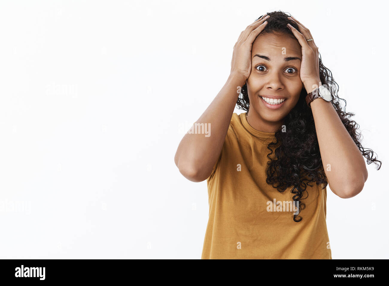 Waist Up Shot Of Surprised Happy Woman Reacting To Unbelievable Luck