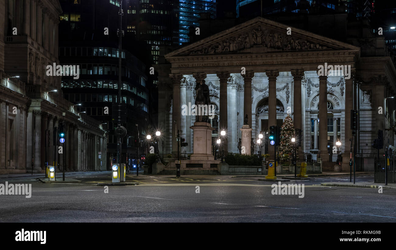 Night London street. Central London with old Bank of England building in front. Empty street. Stock Photo