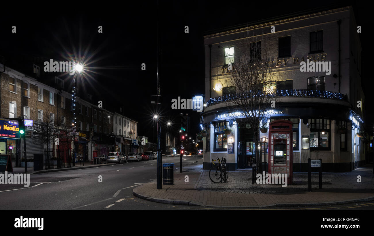 Night street in London near Brockley Barge pub. Night life in Lonodn Stock Photo