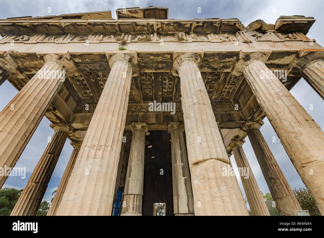 Ancient Temple of Hephaestus Columns Agora Market Place Athens Greece. Agora founded 6th Century BC. Temple for God of craftsmanship, metal working Stock Photo