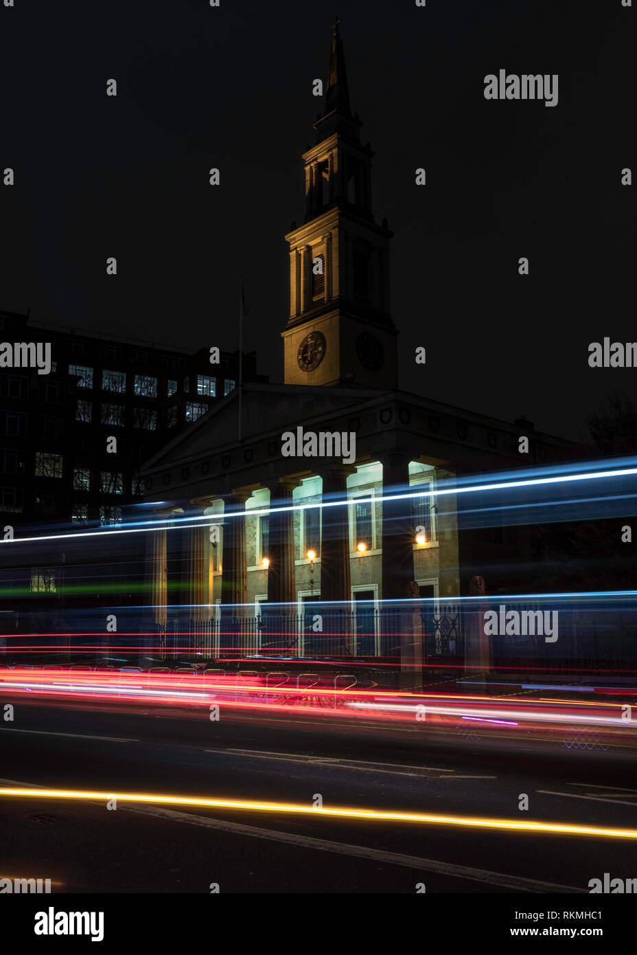 St Johns Church at night in London on Waterloo Road. Stock Photo