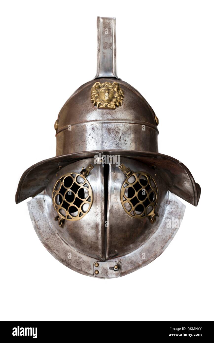 Murmillo helmet. Ancient roman gladiator reconstruction. Isolated over white background. Stock Photo