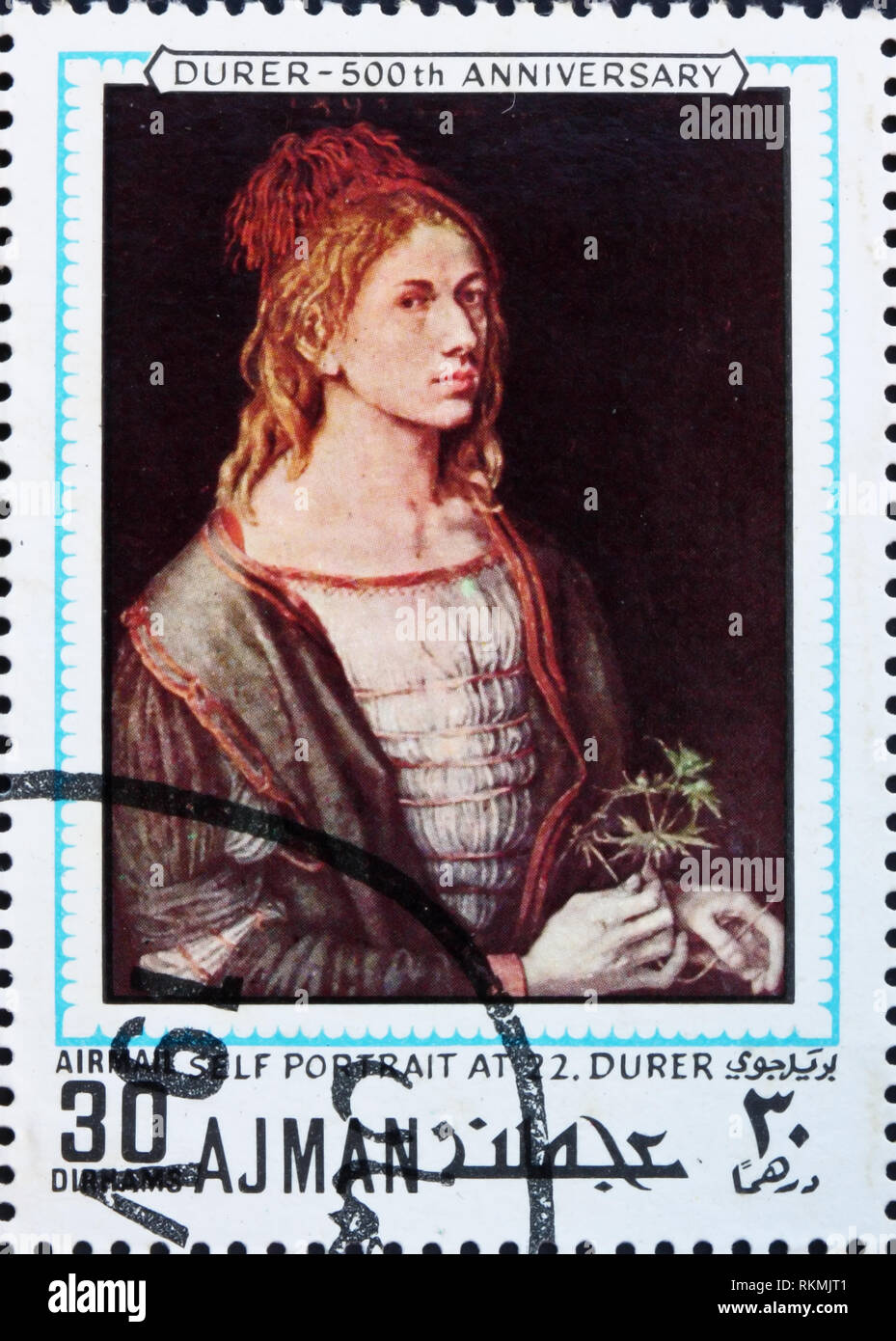 AJMAN - CIRCA 1970: a stamp printed in the Ajman shows Self Portrait at 22, Painting by Albrecht Durer, 500th Anniversary of the Birth, circa 1970 Stock Photo