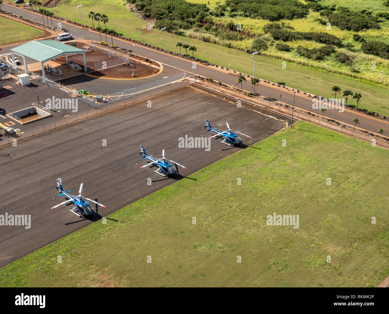 Blue Hawaiian Eco Star helicopters at Lihue Stock Photo