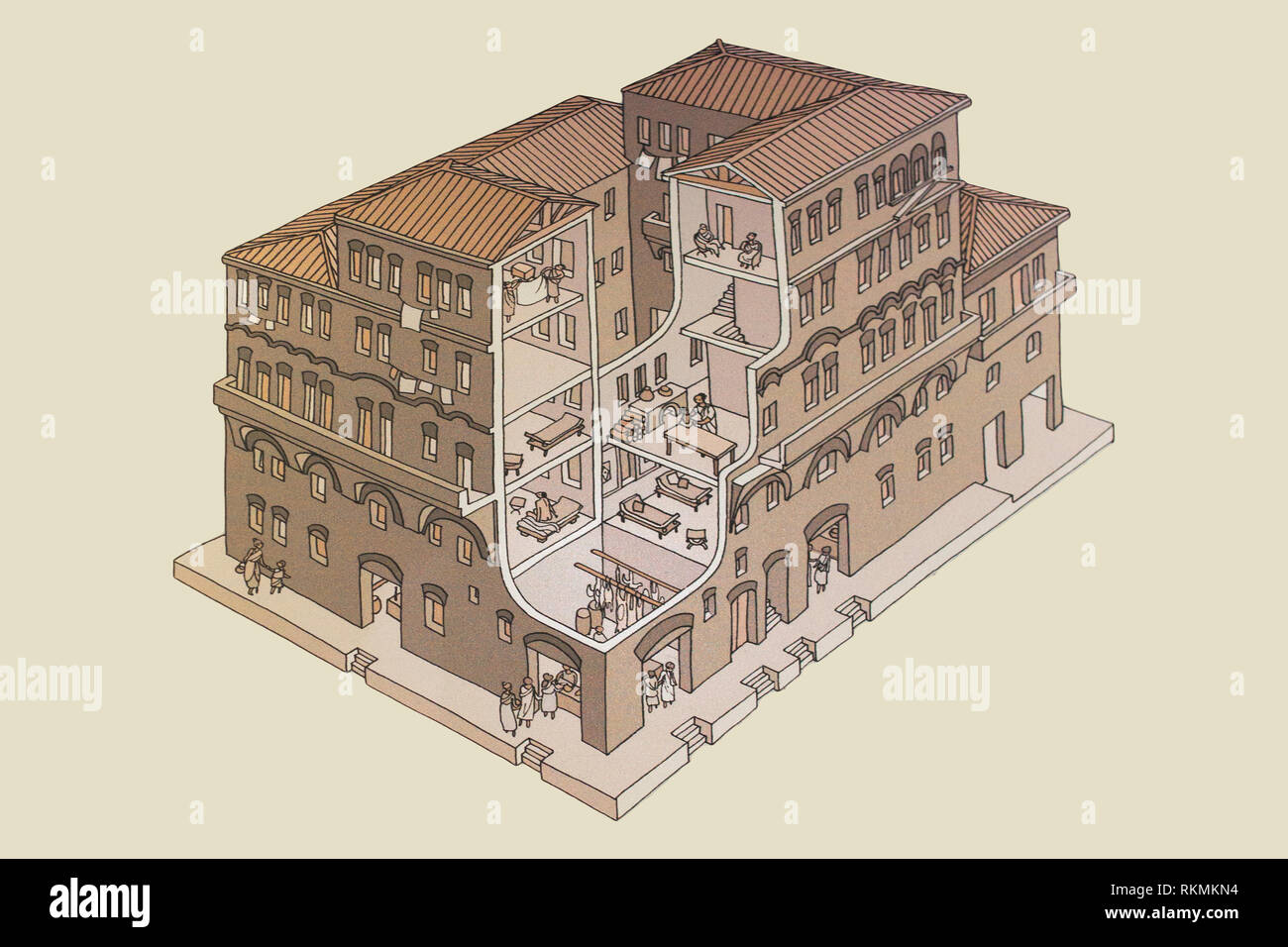 Cordoba, Spain - July 14th, 2017: Roman Insulae or apartment building. Historical reconstruction drawing at Archaeological Museum of Cordoba, Spain Stock Photo