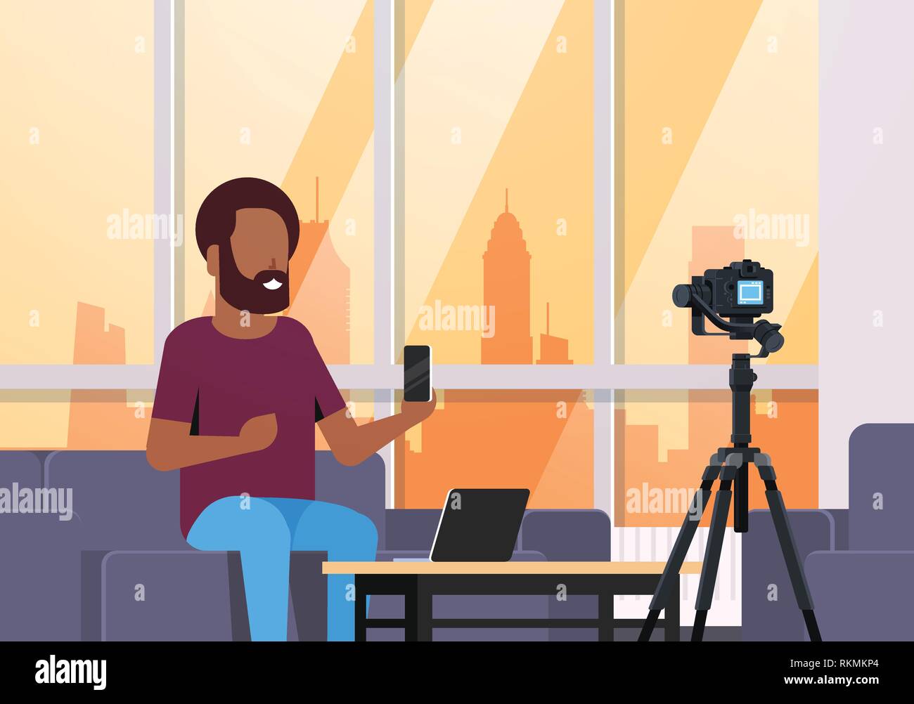 guy technology blogger recording video on camera african man showing new smartphone functional testing blog concept modern apartment interior closeup Stock Vector