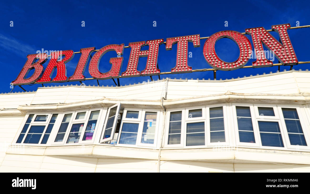English seaside, Brighton Pier, Madeira Drive, Brighton, East Sussex, South East England, UK, BN2 1TW Stock Photo